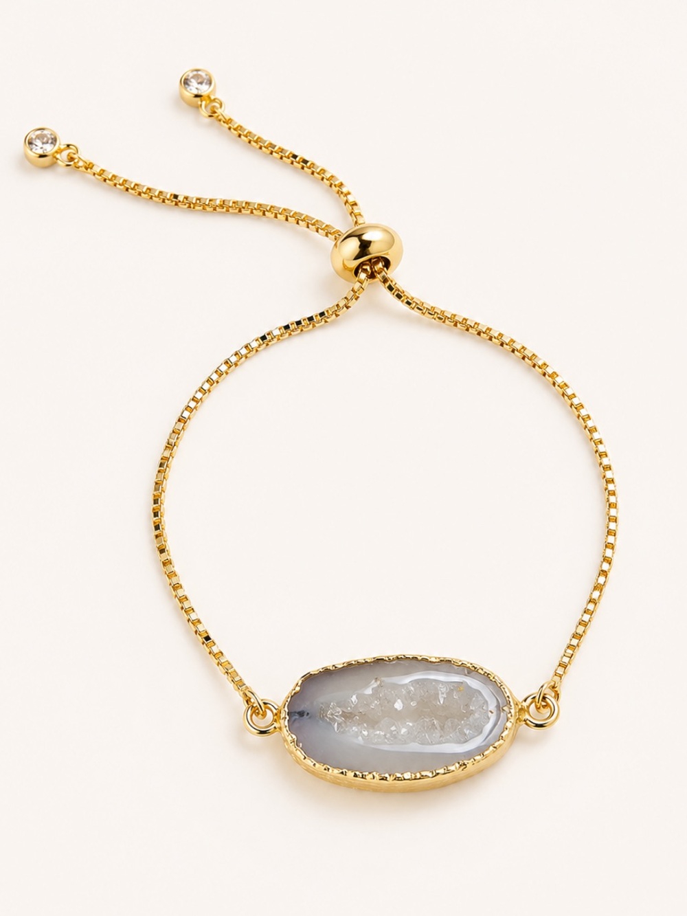 18K Gold Plated Cream Agate Slice CZ Diamonds Slider Bracelet